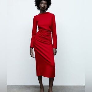 Zara long Sleeve Midi Dress In Red